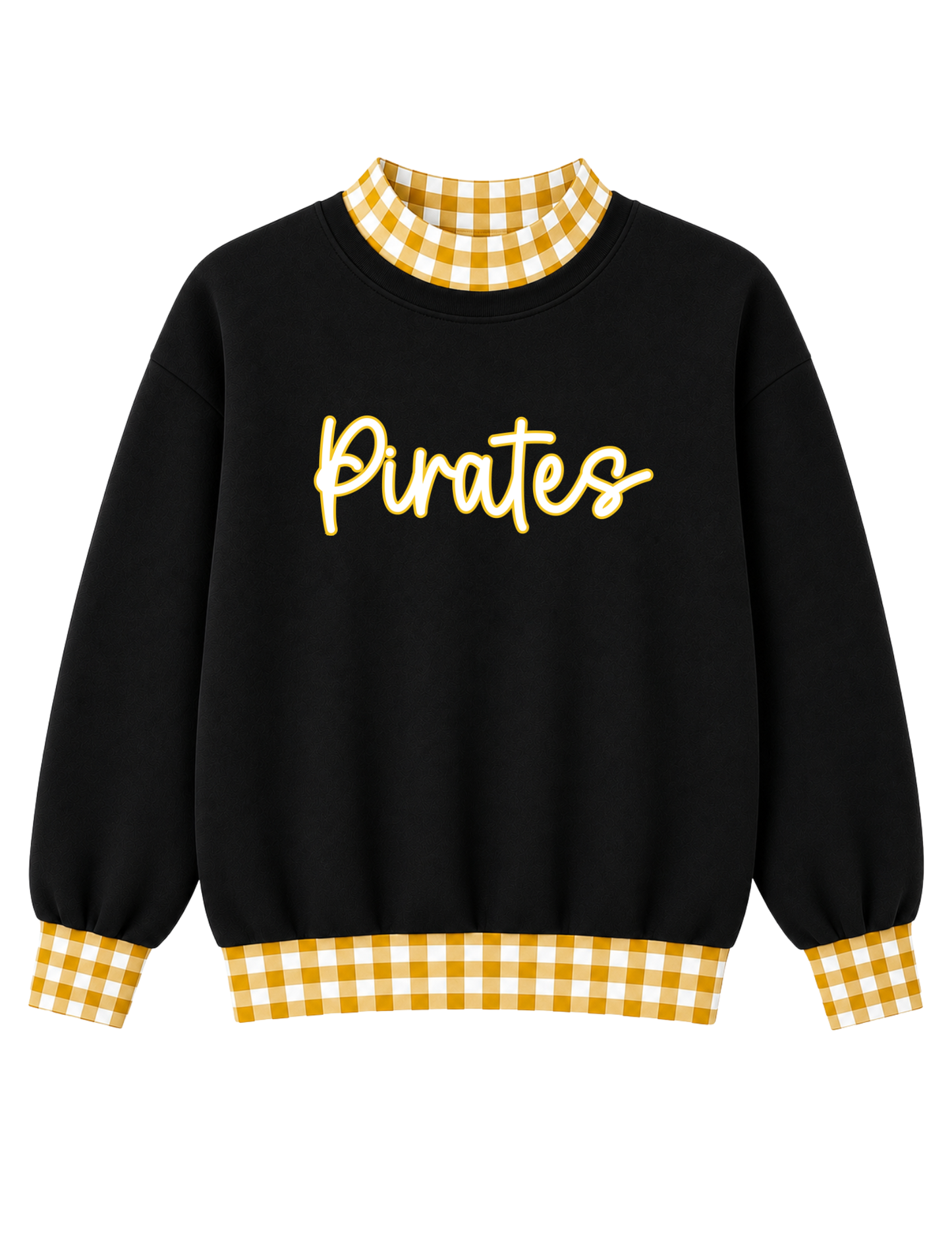 GAME DAY GINGHAM MOCKNECK SWEATSHIRTS- BLACK BASE & GOLD AND WHITE GINGHAM - CURSIVE PIRATES (WHITE AND GOLD FONT)  (PREORDER) 070226LW