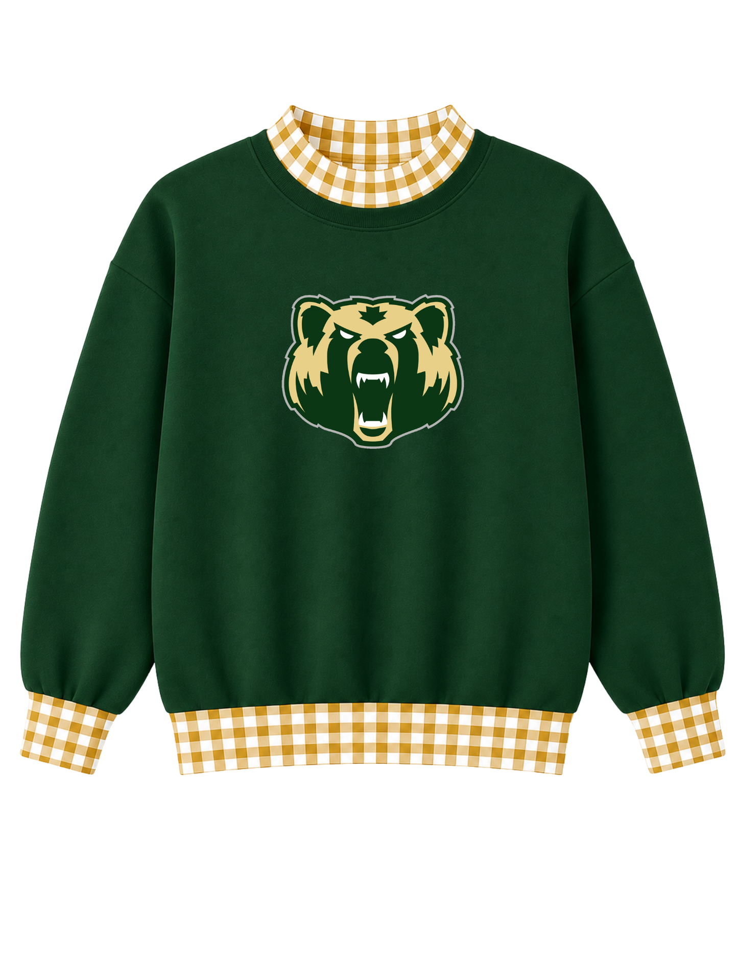 GAME DAY GINGHAM MOCKNECK SWEATSHIRTS- DARK GREEN BASE & YELLOW AND WHITE GINGHAM - BEARS MASCOT  (PREORDER) 070726LW