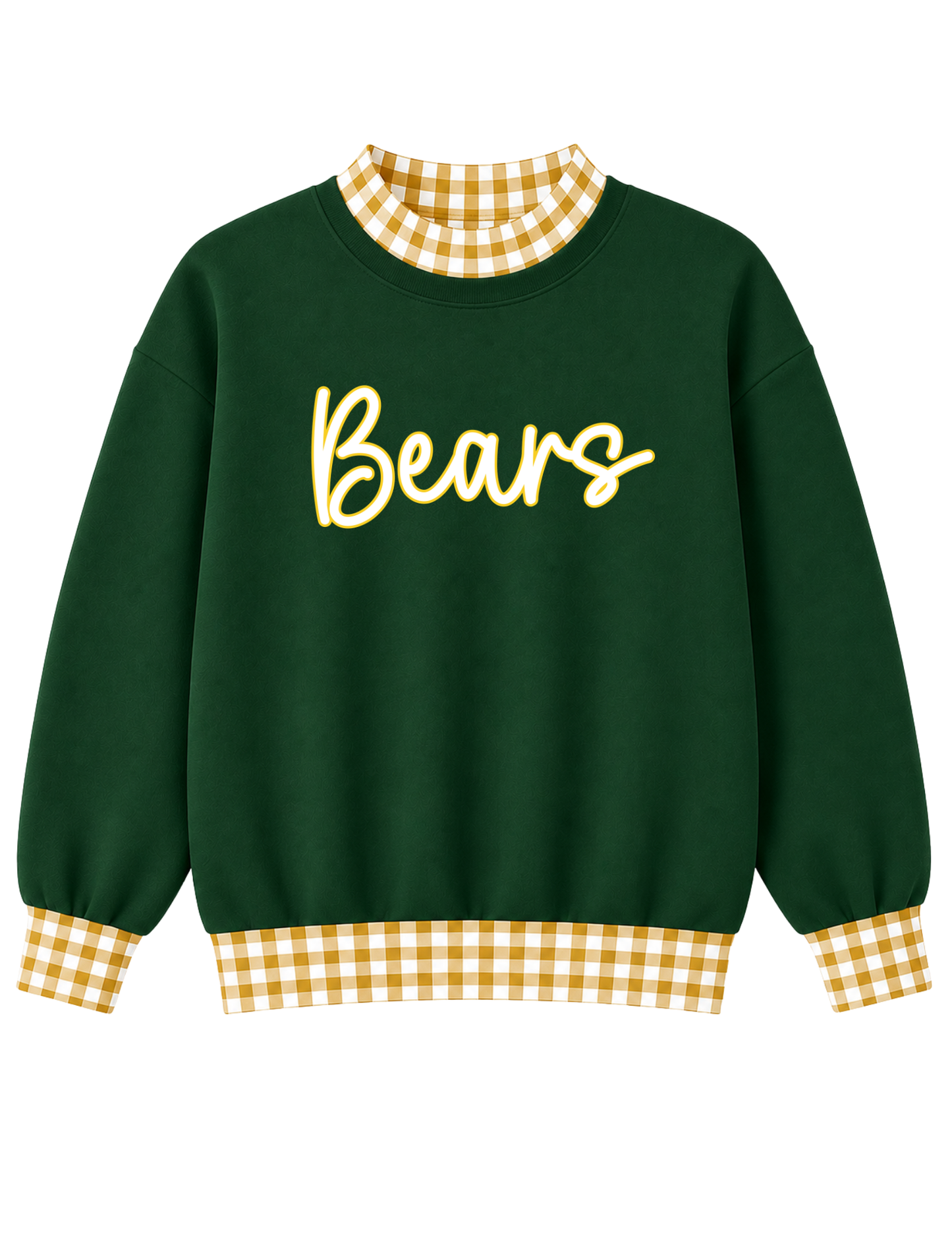 GAME DAY GINGHAM MOCKNECK SWEATSHIRTS- DARK GREEN BASE & YELLOW AND WHITE GINGHAM - CURSIVE BEARS (WHITE AND YELLOW FONT)  (PREORDER) 062626BR