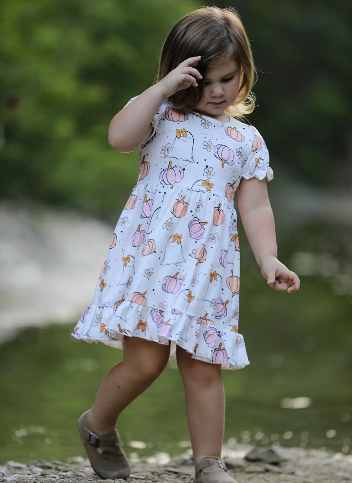 Halloween Pumpkin Ghost Print Cute Girls Dress- 091925Et