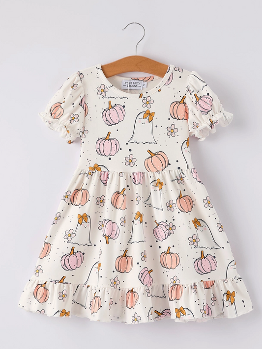 Halloween Pumpkin Ghost Print Cute Girls Dress- 091925Et
