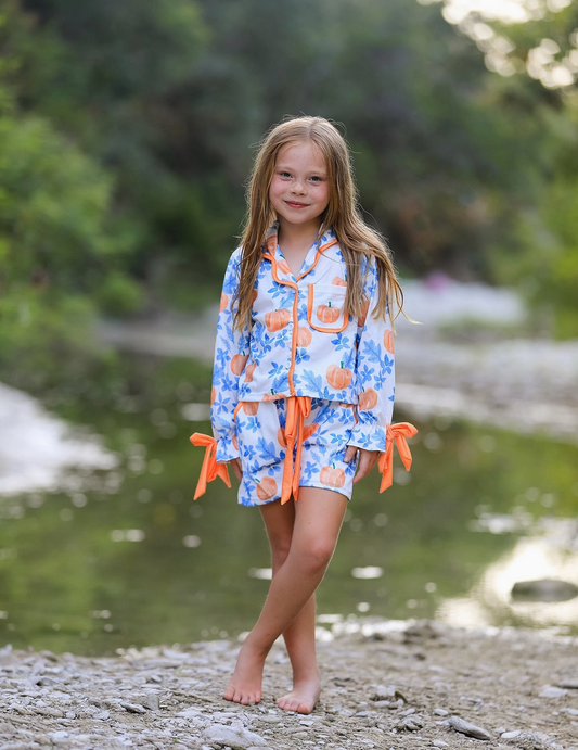 Thanksgiving Day Pumpkin Floral Print Girls Pajamas Set 102125-AS