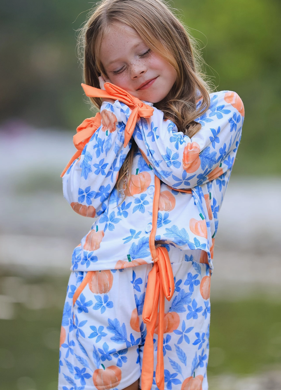 Thanksgiving Day Pumpkin Floral Print Girls Pajamas Set 102125-AS