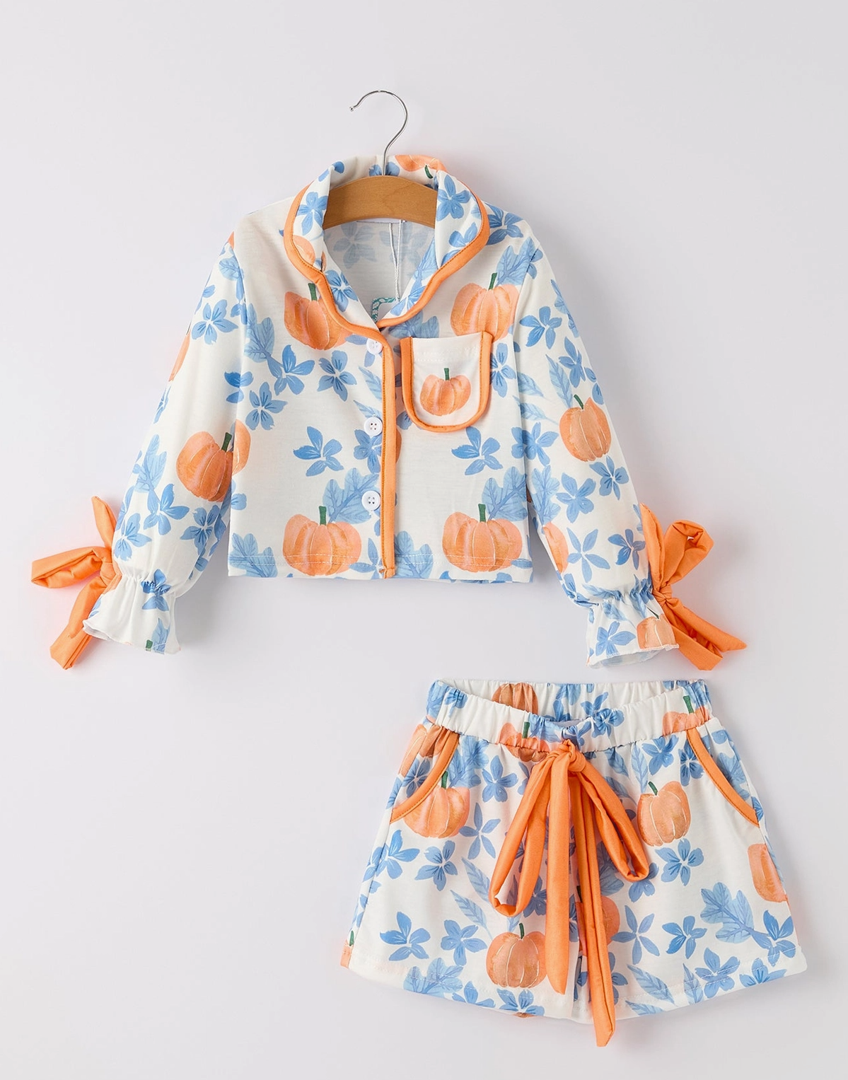 Thanksgiving Day Pumpkin Floral Print Girls Pajamas Set 102125-AS