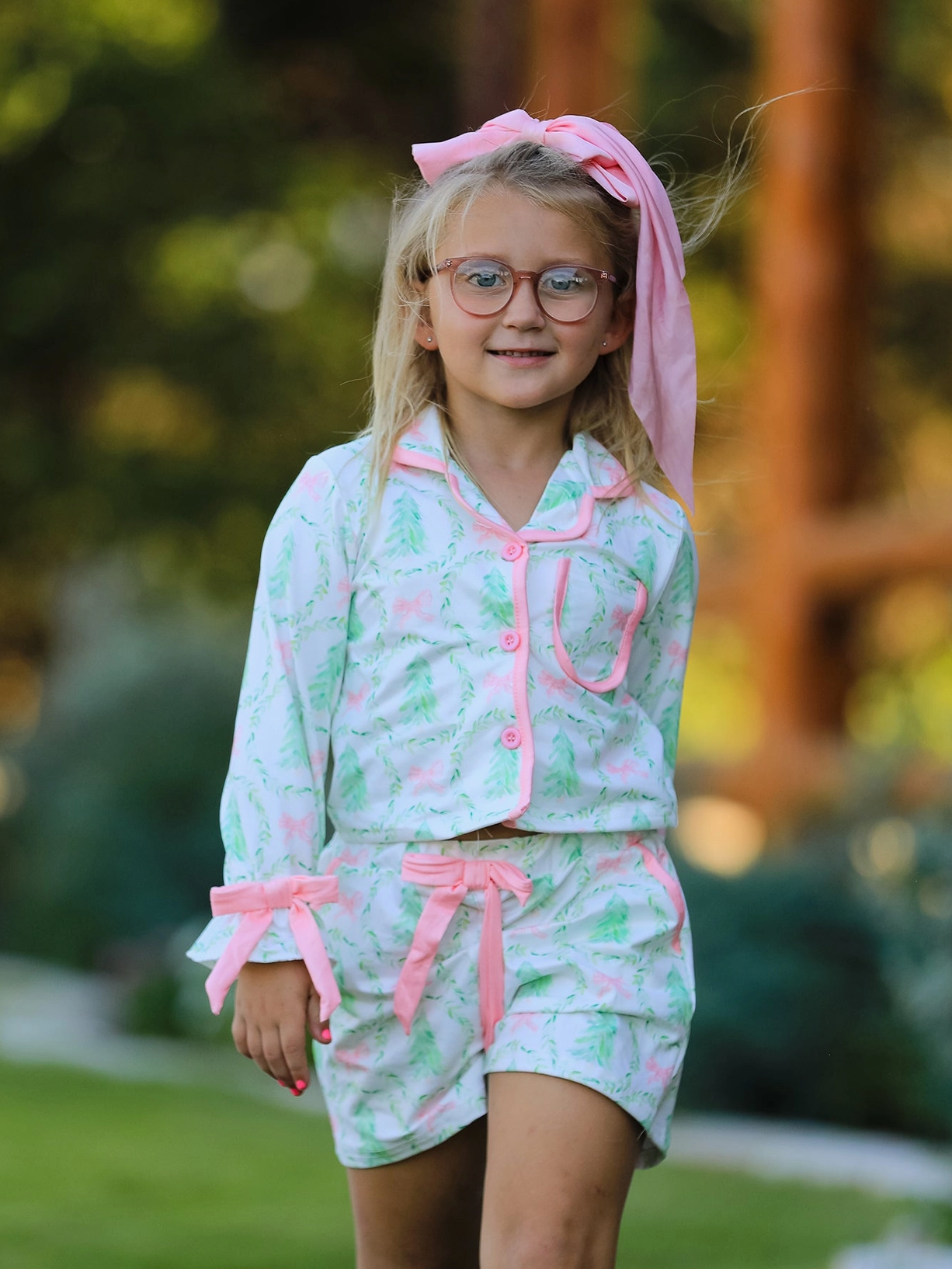 Christmas Tree & Bow Print Girls Pajama Set 103025-AS