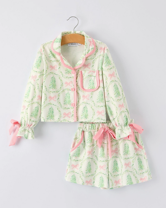 Christmas Tree & Bow Print Girls Pajama Set 103025-AS