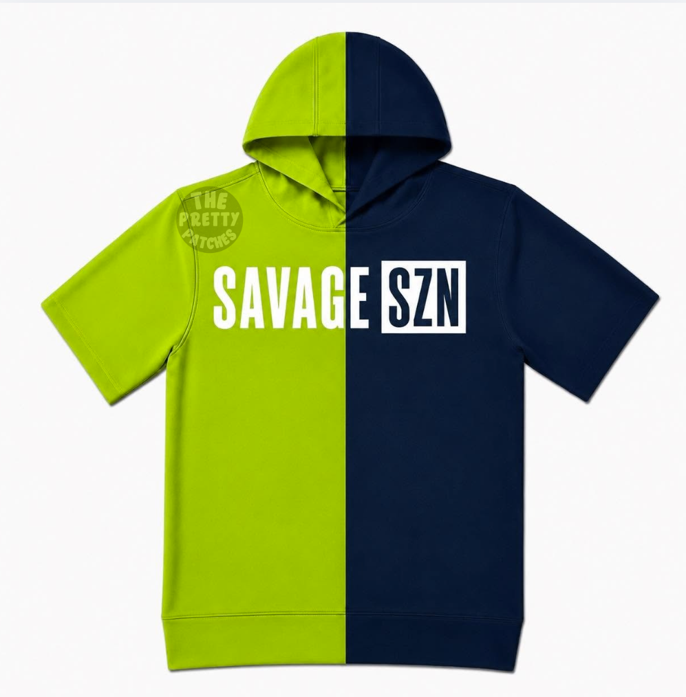 SAVAGE SZN (WHITE FONT) SPLIT HOODIE NEON GREEN & NAVY BLUE -YOUTH - PREORDER (HAPPY DAYS) 072426KRV