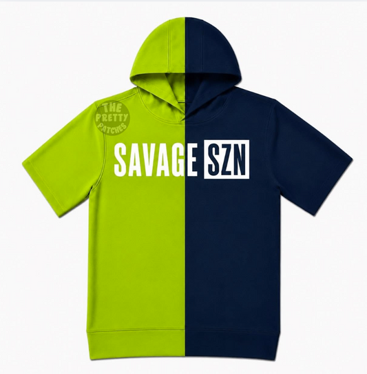 SAVAGE SZN (WHITE FONT) SPLIT HOODIE NEON GREEN & NAVY BLUE -YOUTH - PREORDER (HAPPY DAYS) 072426KRV