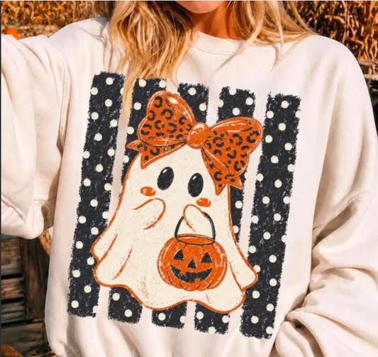 Trick or Treatin’ Ghost with Polka Dot Stripes 👻 -SWEATSHIRT- (GILDAN) 090126BR