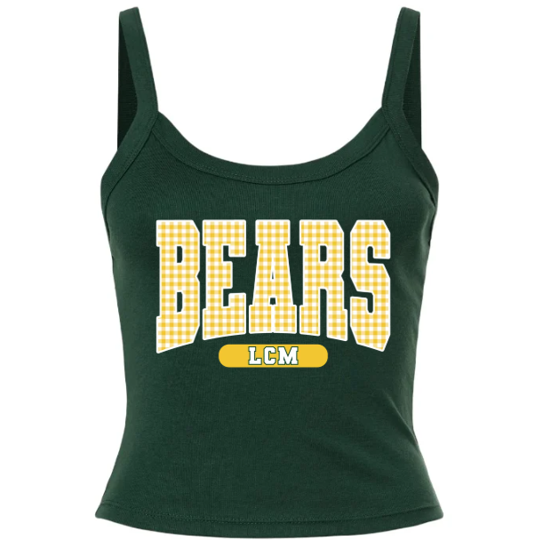 SCHOOL CROP TANKS 💖💖💖 BEARS LCM/ YELLOW GINGHAM- Micro Rib Spaghetti Strap Tank - (BELLA/CANVAS) 062626MG