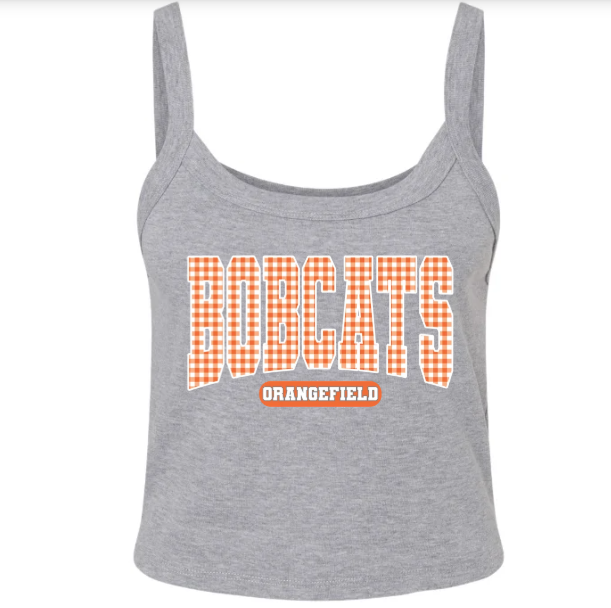SCHOOL CROP TANKS 💖💖💖BOBCATS ORANGEFIELD/ORANGE GINGHAM - Micro Rib Spaghetti Strap Tank - (BELLA/CANVAS) 062626MG