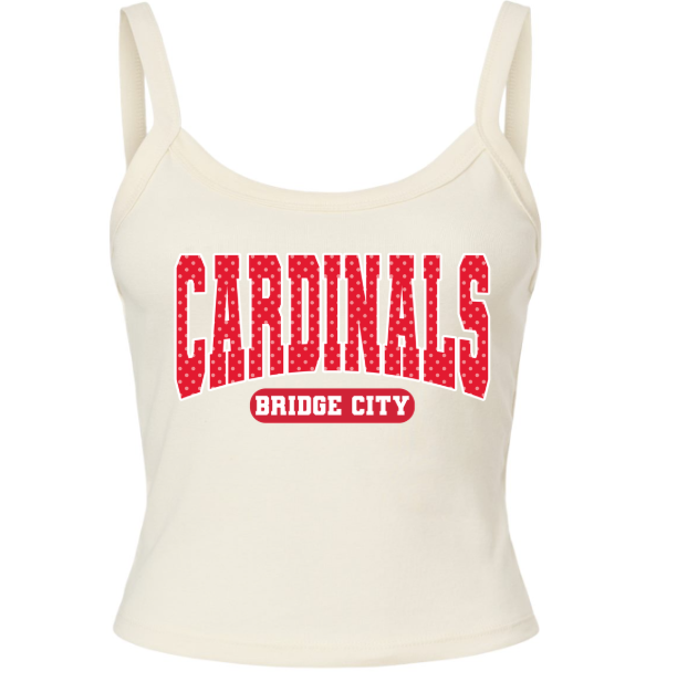 SCHOOL CROP TANKS 💖💖💖 CARDINALS BRIDGE CITY/RED POLKA DOTS- Micro Rib Spaghetti Strap Tank - (BELLA/CANVAS) 062626MG