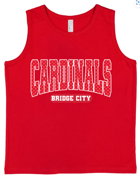 SCHOOL CROP TANKS 💖💖💖 CARDINALS BRIDGE CITY/RED POLKA DOTS- Youth Fine Jersey Tank - (LAT) 062626MG