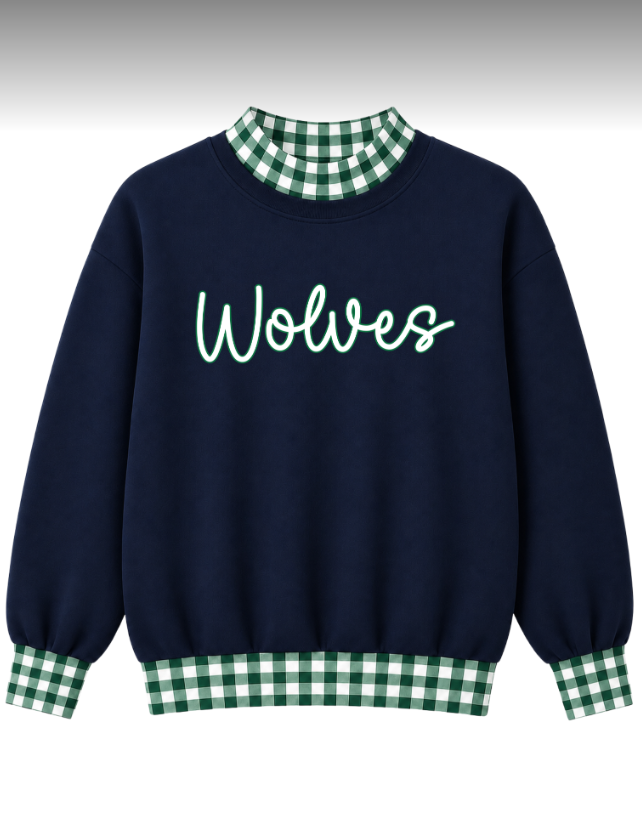 GAME DAY GINGHAM MOCKNECK SWEATSHIRTS- NAVY BASE & GREEN AND WHITE GINGHAM - CURSIVE WOLVES (WHITE AND GREEN FONT)  (PREORDER) 062726MG