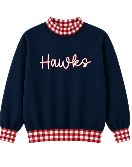 GAME DAY GINGHAM MOCKNECK SWEATSHIRTS- NAVY BASE & RED AND WHITE GINGHAM - CURSIVE HAWKS (WHITE AND RED FONT)  (PREORDER) 062726MG