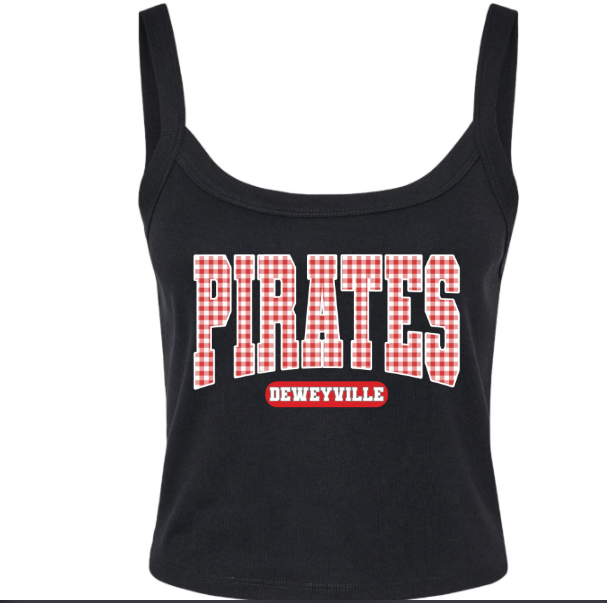 SCHOOL CROP TANKS 💖💖💖 DEWEYVILLE PIRATES/RED & WHITE GINGHAM- Micro Rib Spaghetti Strap Tank - (BELLA/CANVAS) 063026MG