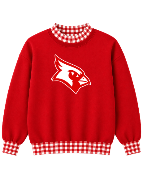 GAME DAY GINGHAM MOCKNECK SWEATSHIRTS- CARDINAL MASCOT (WHITE FONT)  (PREORDER) 070226MG