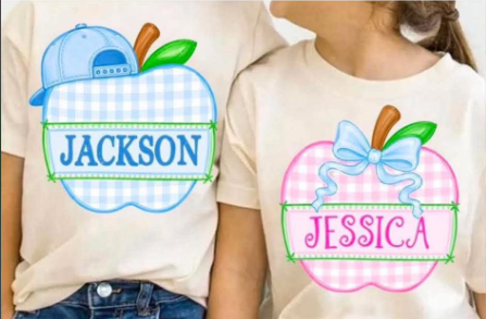 Gingham Apple with name / boy or girl version - T SHIRT- (GILDAN)-072526br