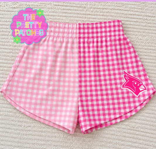 (HOT PINK CARDINAL HEAD- BRIDGE CITY) HALF LIGHT PINK & WHITE GINGHAM & HALF HOT PINK & WHITE GINGHAM  (YOUTH GIRLS SHORTS) - (PRE ORDER) (HAPPY DAYS) 073026BR