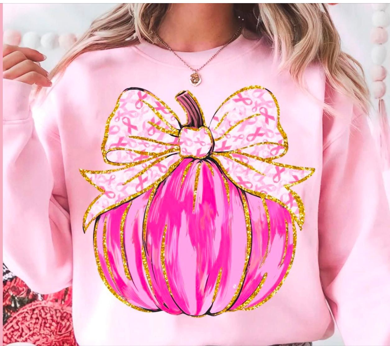 Glittery Breast Cancer Pumpkin - LONG SLEEVE - (GILDAN) 081316br