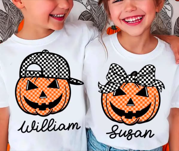CHECKERED PUMPKIN WITH NAME (BOY OR GIRL VERSION) 98261-T SHIRT- (GILDAN)  090826KM