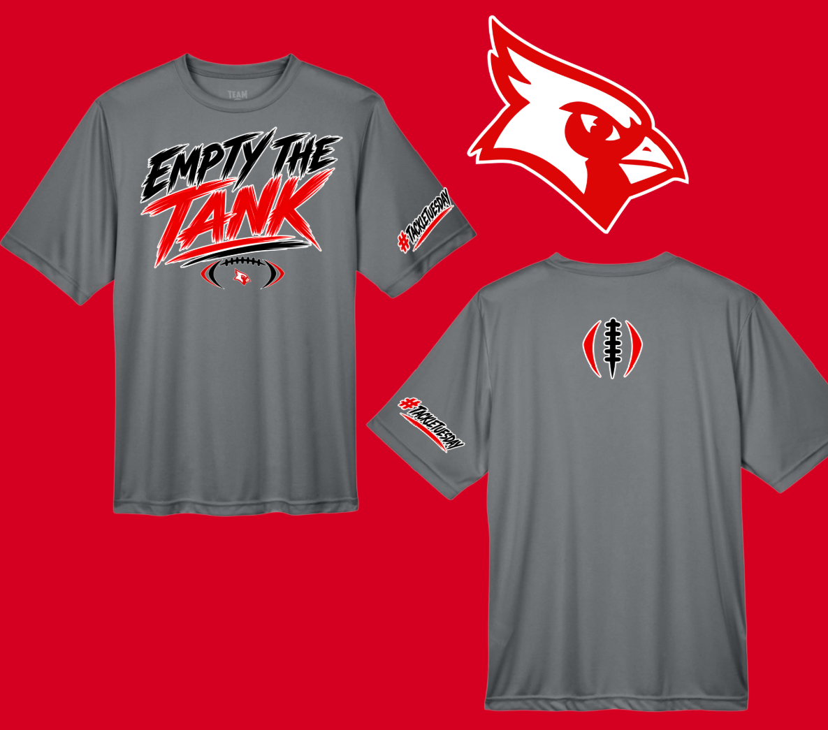 BRIDGE CITY CARDINALS FOOTBALL EMPTY THE TANK 1-1008263 --- SHORT SLEEVE--- DRI FIT---------- DUE ASAP 100826LO--------- FRONT FULL, BACK POCKET AND SLEEVE POCKET.