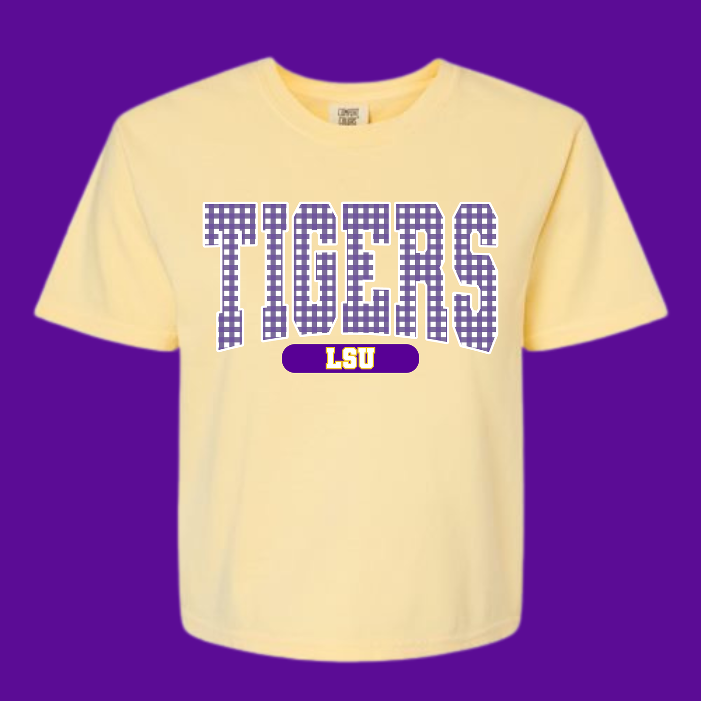 GINGHAM LSU TIGERS (PURPLE GINGHAM)- BOXY TEE- (COLOR COMFORT)060126LW