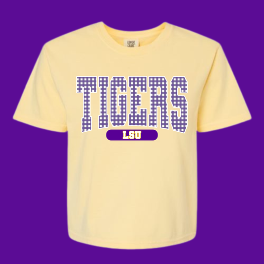 GINGHAM LSU TIGERS (PURPLE GINGHAM)- BOXY TEE- (COLOR COMFORT)060126LW