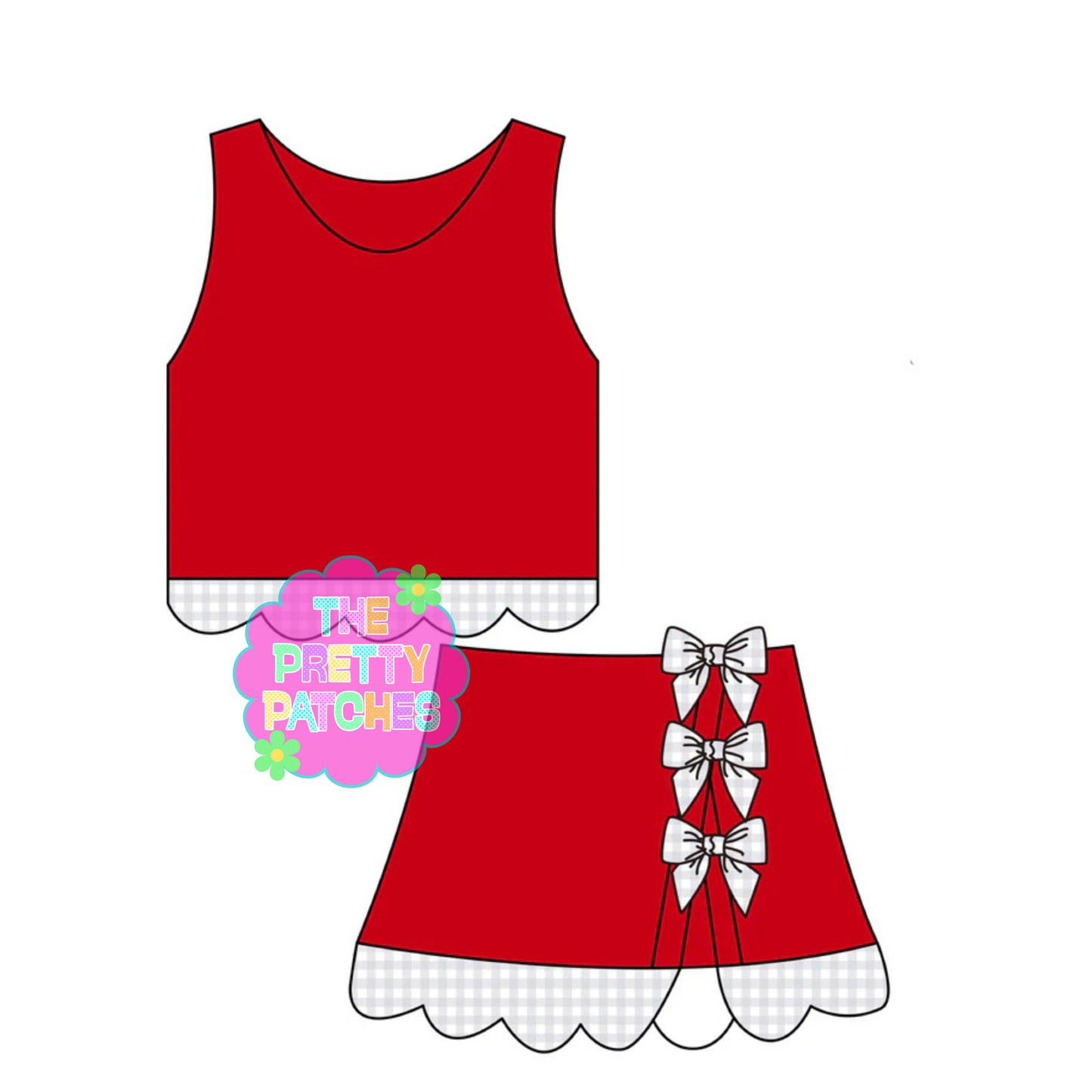 BLANK GINGHAM SCALLOP ATHLETIC SKORT SET (RED BASE- GREY AND WHITE GINGHAM) (EXTRAS) 080526LW