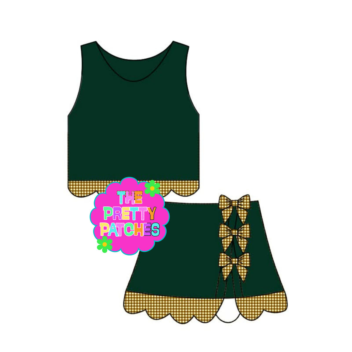 BLANK GINGHAM SCALLOP ATHLETIC SKORT SET (FOREST GREEN BASE- GOLD AND WHITE GINGHAM) (EXTRAS)
