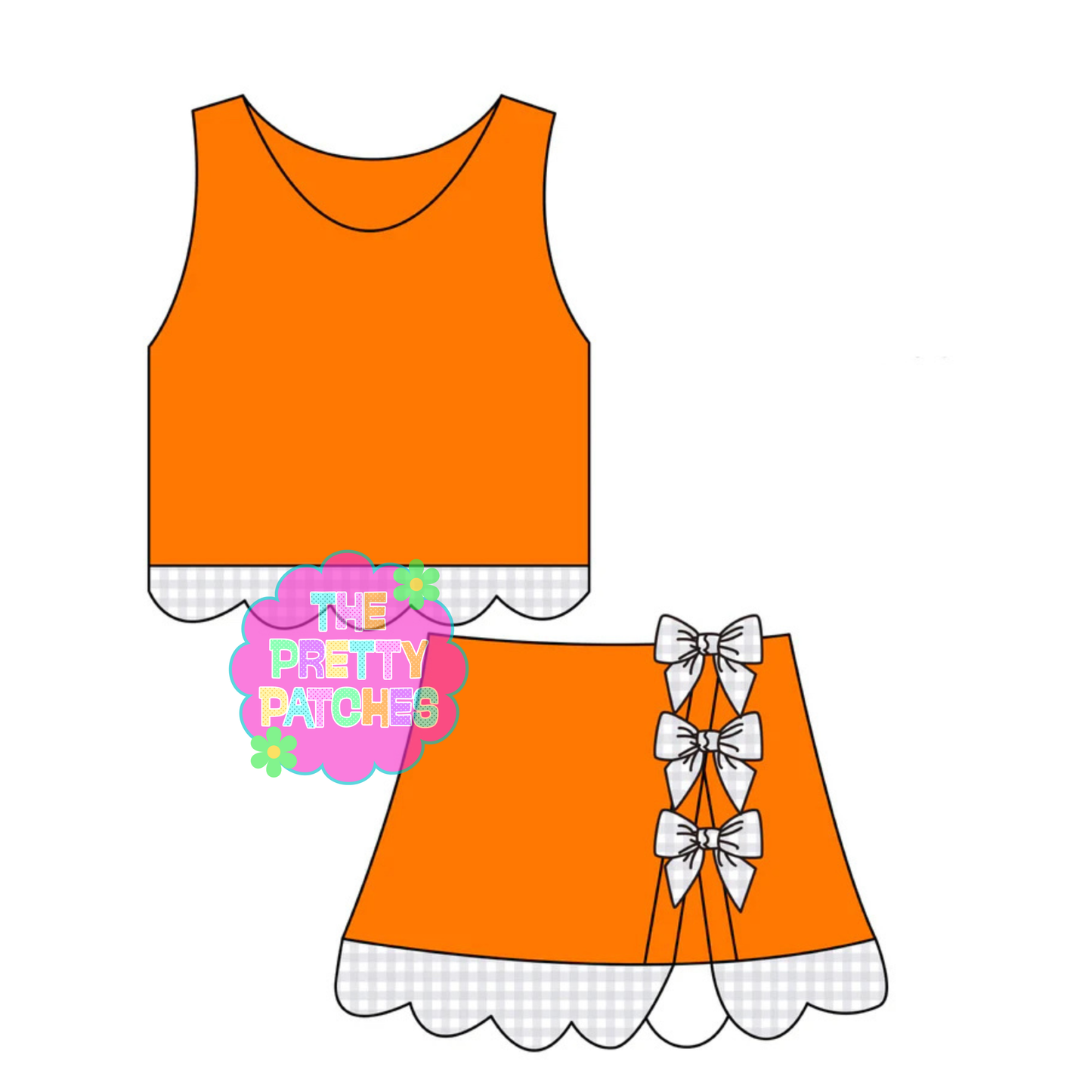 BLANK GINGHAM SCALLOP ATHLETIC SKORT SET (ORANGE  BASE- GREY AND WHITE GINGHAM) (EXTRAS)