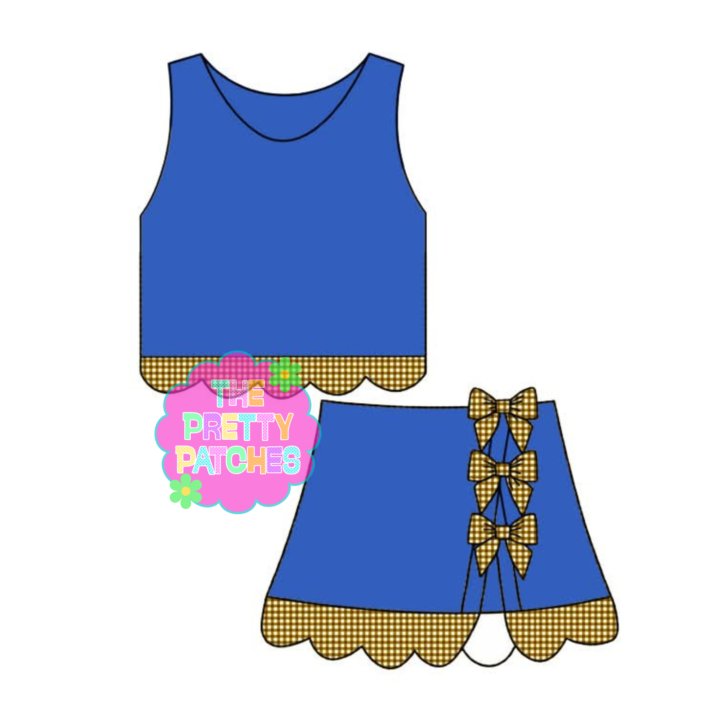 BLANK GINGHAM SCALLOP ATHLETIC SKORT SET (BLUE BASE- GOLD AND WHITE GINGHAM) (EXTRAS)