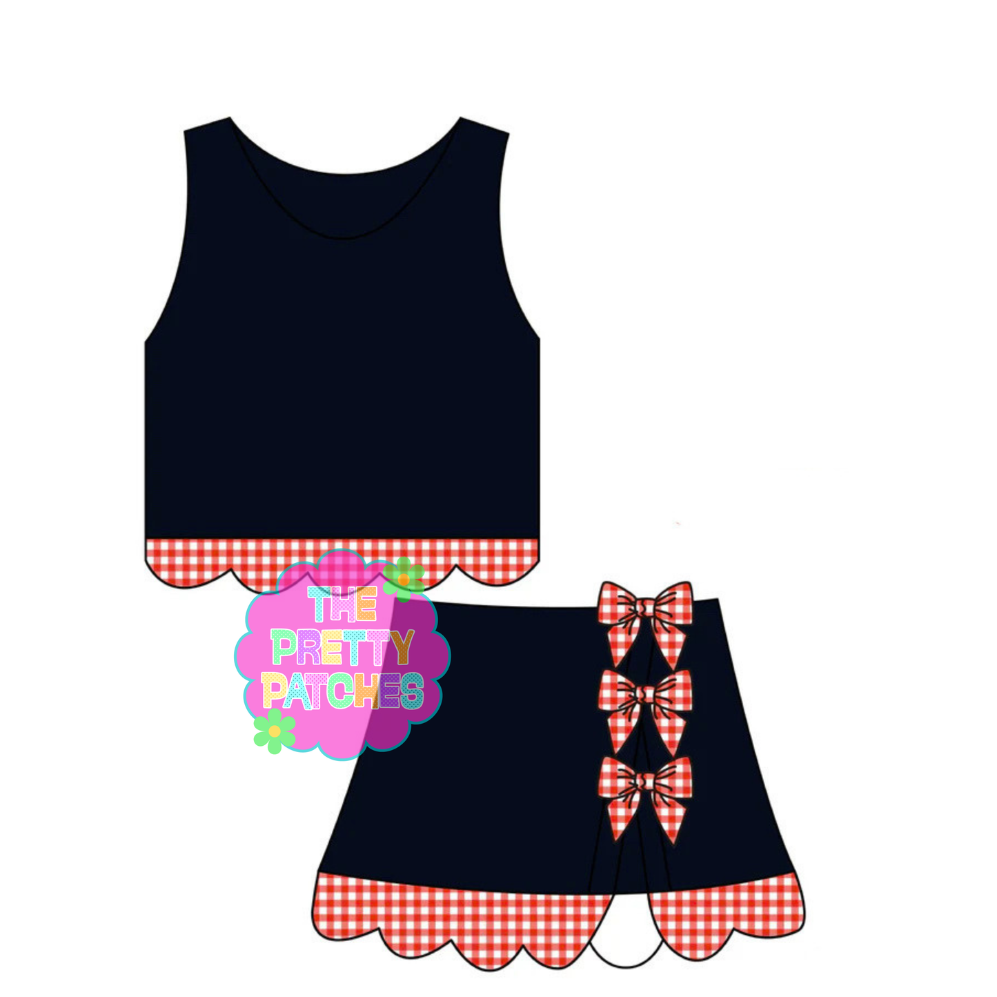 BLANK GINGHAM SCALLOP ATHLETIC SKORT SET (BLACK BASE- RED AND WHITE GINGHAM) (EXTRAS)