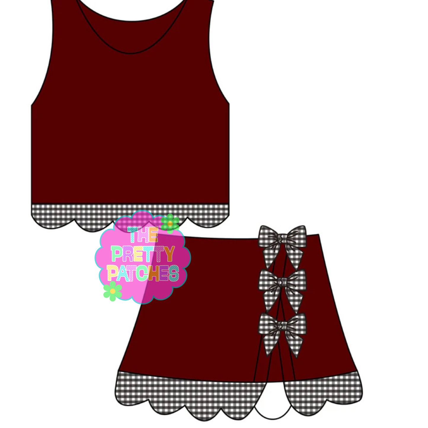 BLANK GINGHAM SCALLOP ATHLETIC SKORT SET (MAROON BASE- BLACK AND WHITE GINGHAM) (EXTRAS)