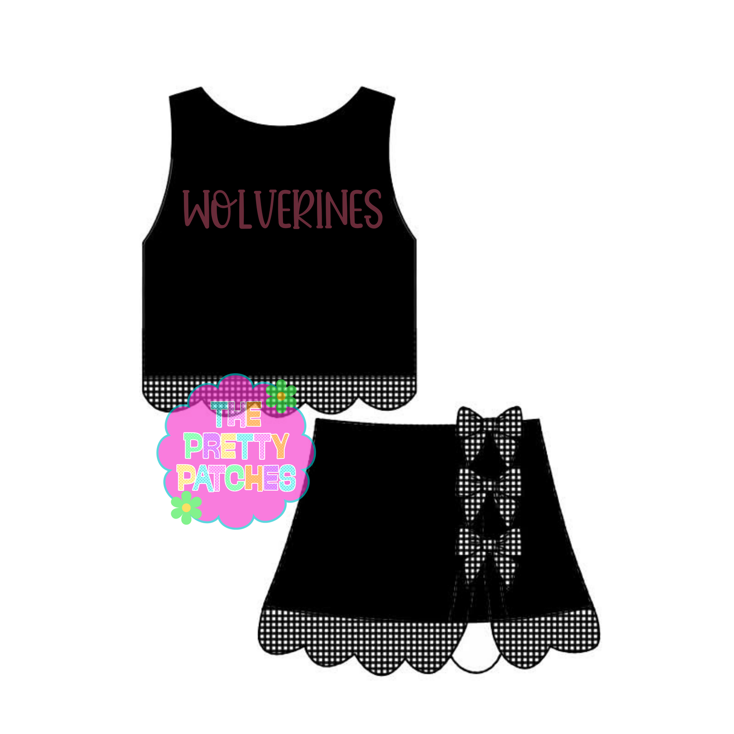 WOLVERINES GINGHAM SCALLOP ATHLETIC SKORT SET- BLACK BASE W BLACK AND WHITE GINGHAM-(PREORDER) 072726BR