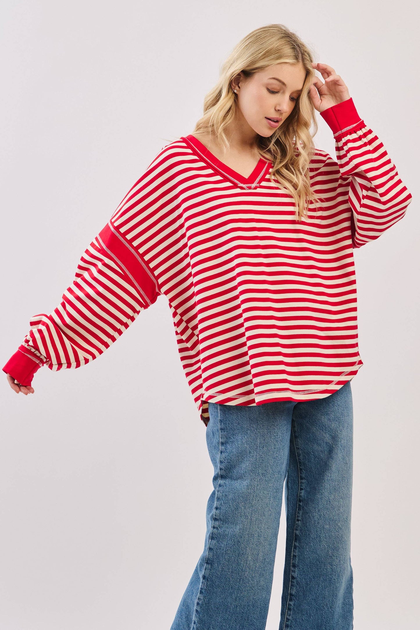 Striped Balloon Sleeve V-Neck Knit Top-SBSVK