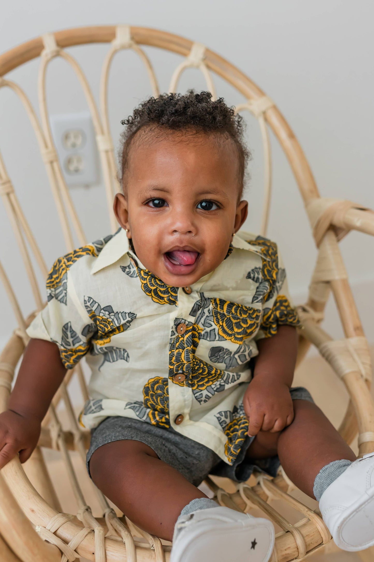 Mustard & Grey Floral Print Boys Shirt & Black Chambray Shorts YB2569