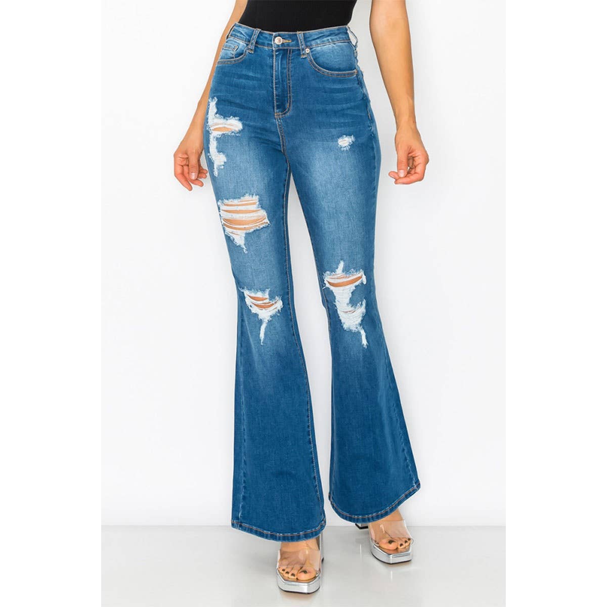 BLOWN OUT DESTRUCTED FLARE DENIM JEANS  GUPW-283