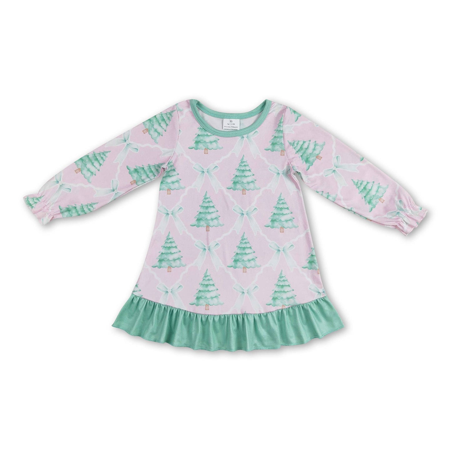 Pink Christmas tree bow kids girls pajamas