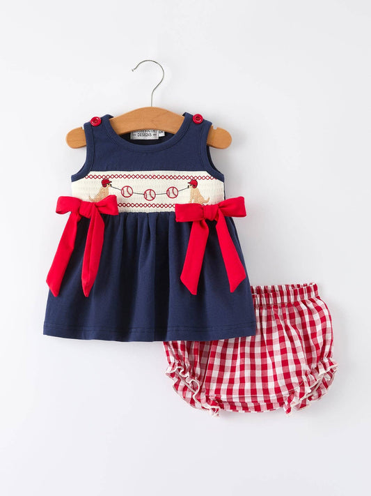 Baby Girls Bloomers Romper Set Dog Baseball Smocking Embroidery 011226AJ