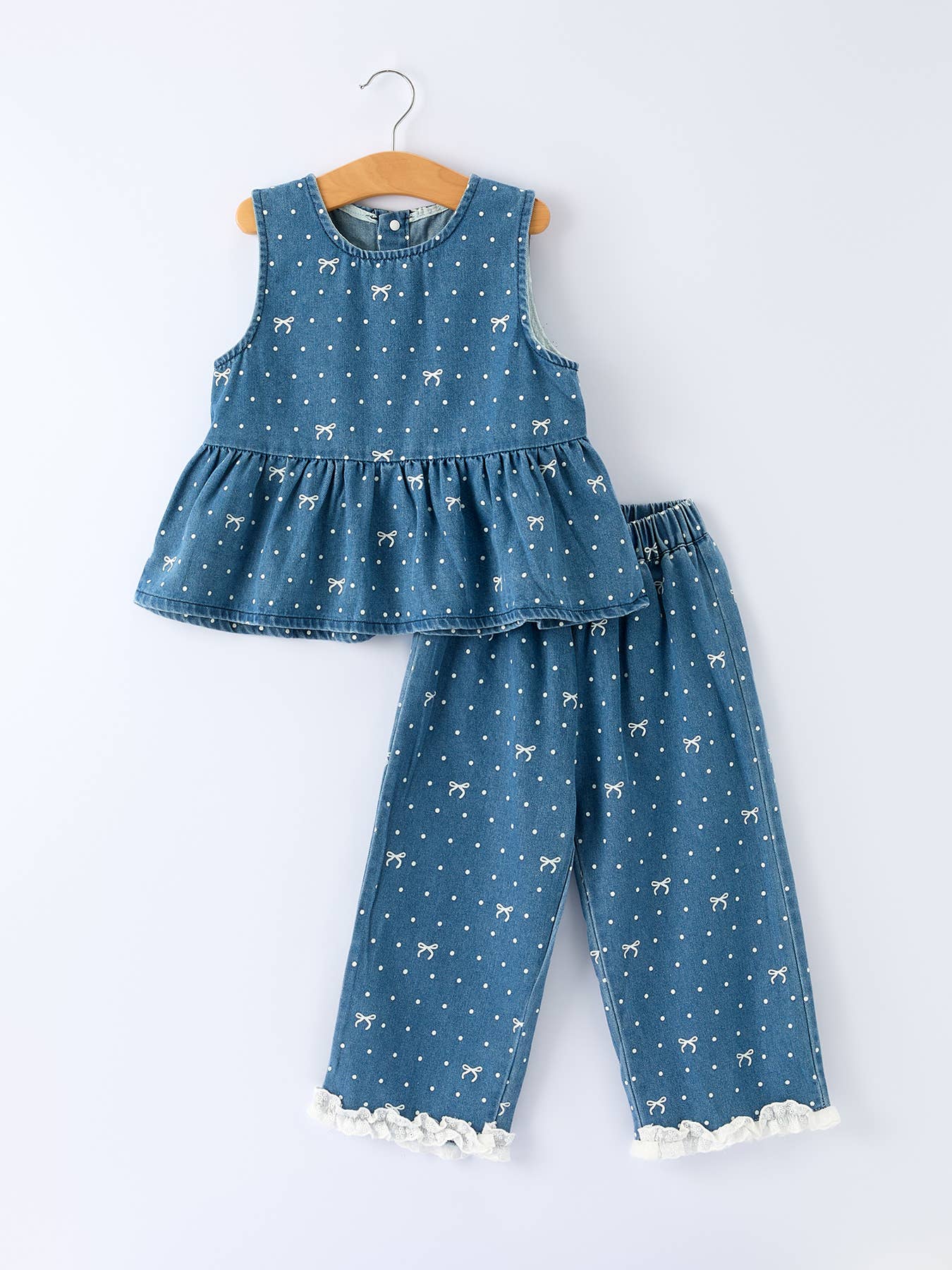 Spring Bow Dot Denim Ruffle Top and Pants Set02182026MG1