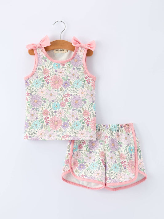 Girls Pink Floral Sleeveless Vest Top and Shorts Set Aj12126