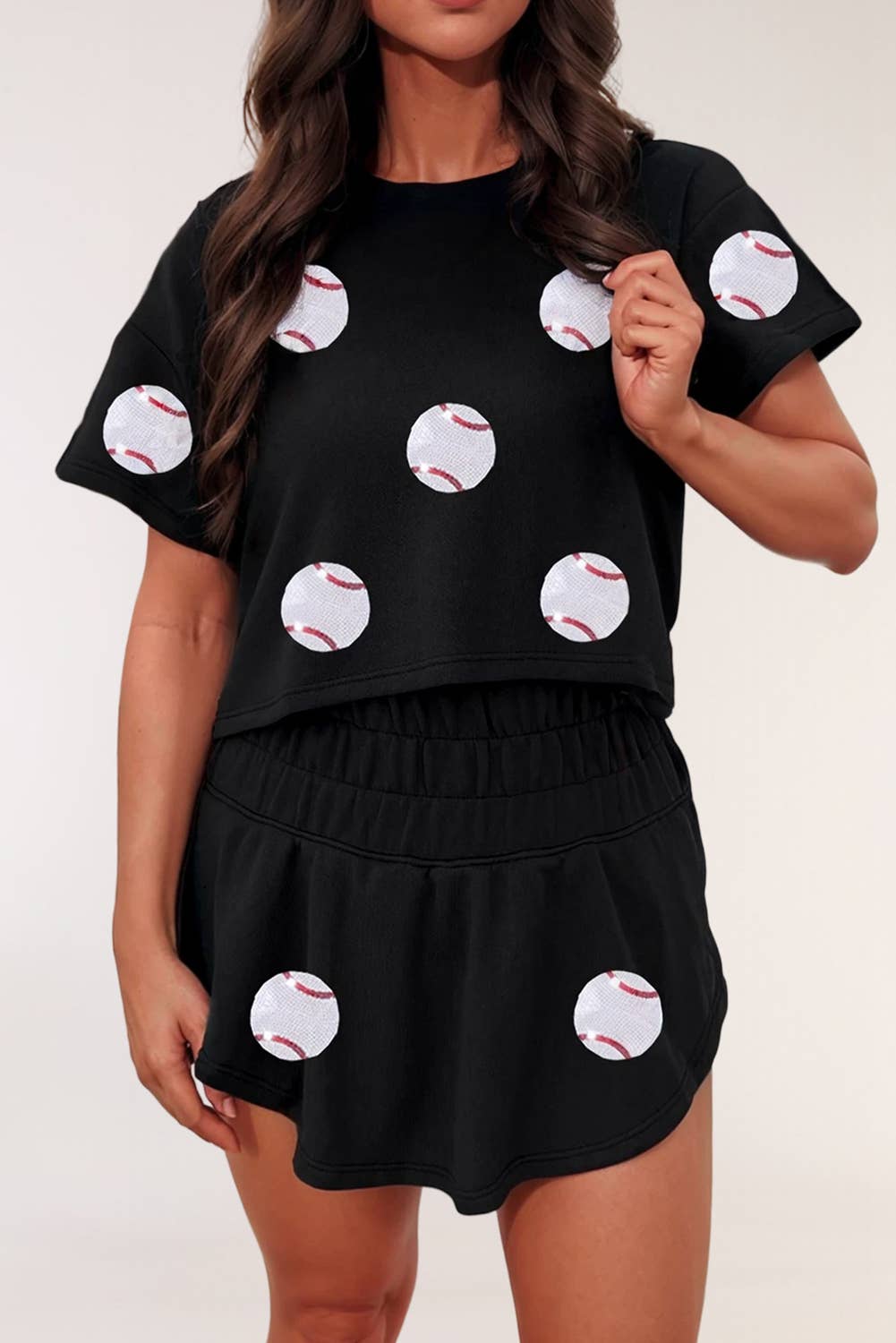 Baseball Print Cropped Tee and Ruffle High Waist Skort Set-010826r3