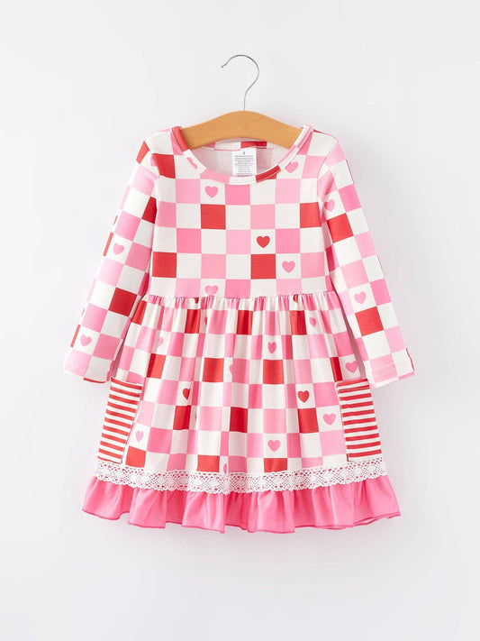 Valentine's Day Checkerboard Print Pink Pocket Dress - DRG50041