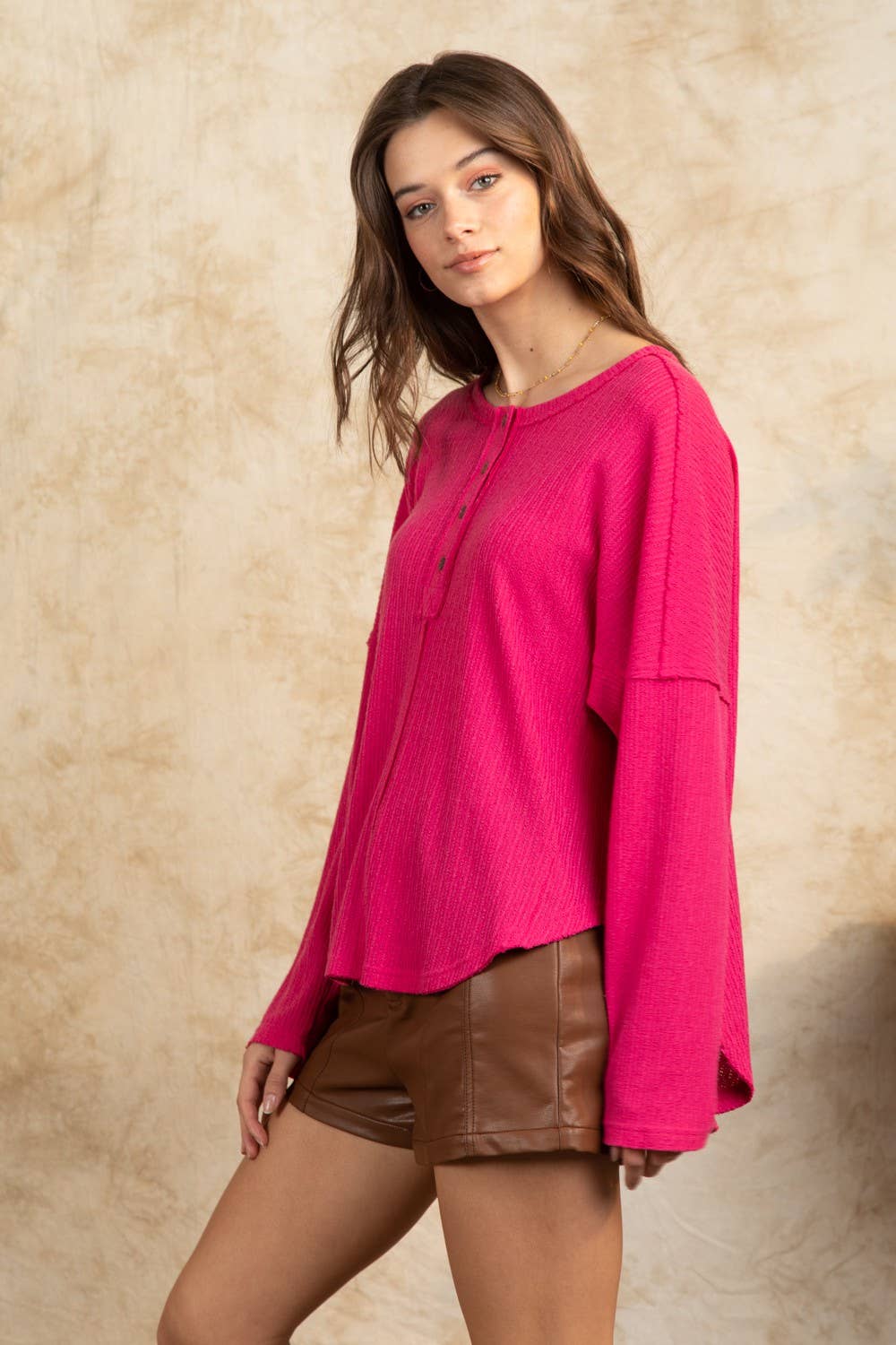 Button Down Oversized Soft Henley Knit Top NT11146-