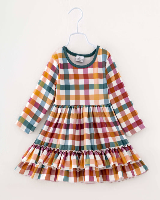 Fall Dresses Brown Plaid Ruffle Girl Twirl Kids Dress  65113009