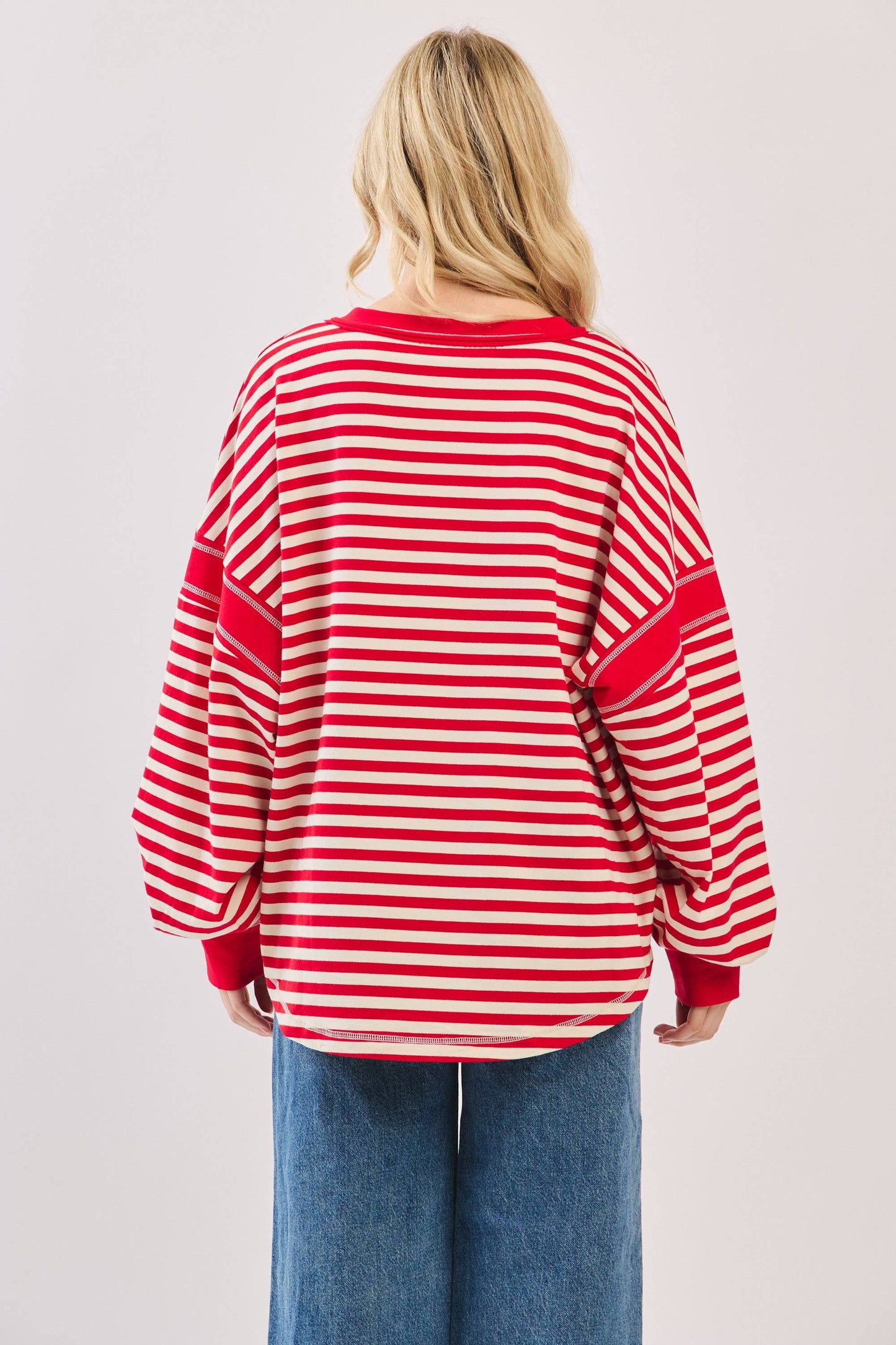 Striped Balloon Sleeve V-Neck Knit Top-SBSVK