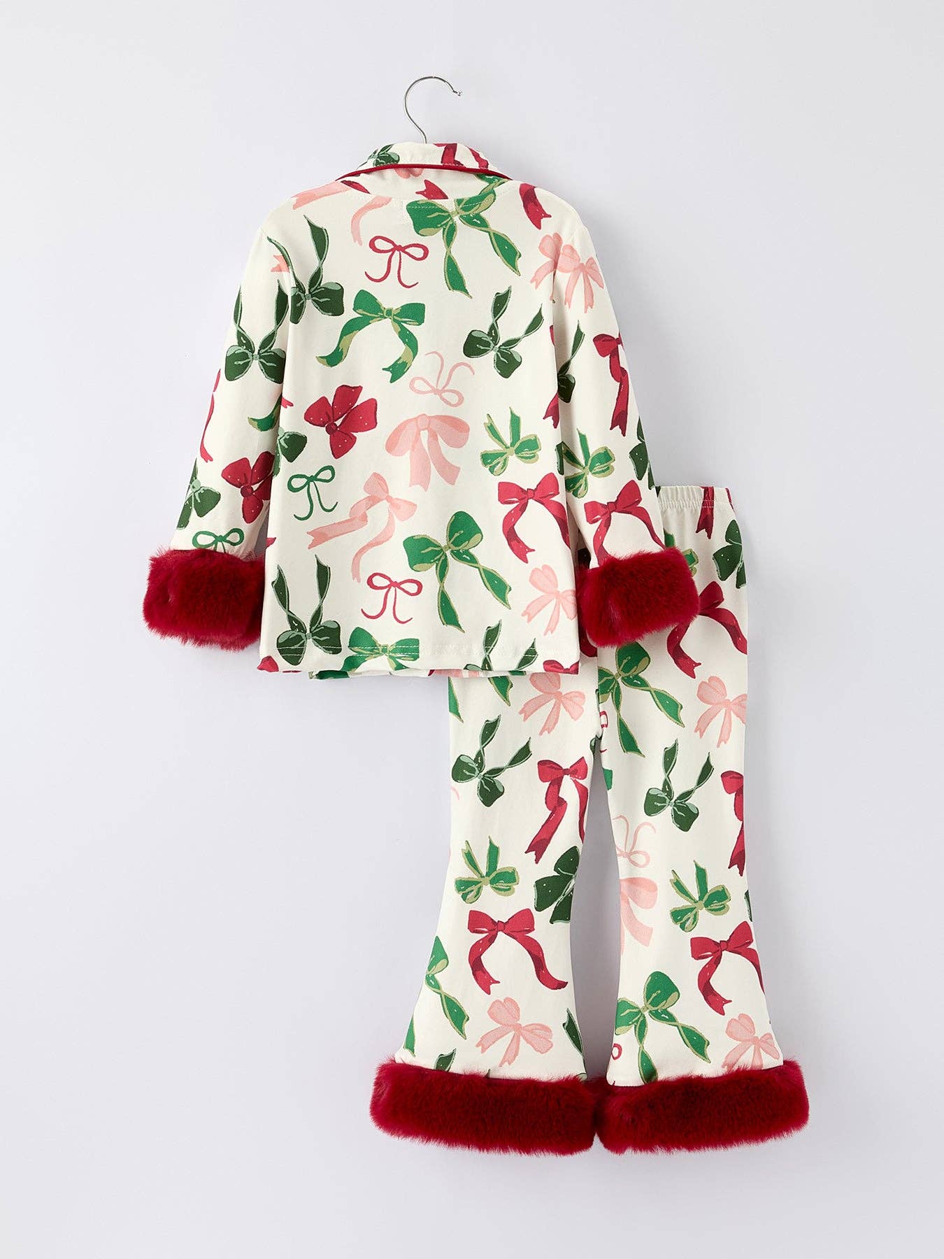 Holiday Bow Print Christmas Pajama Set – Girls Cozy Red Trim Sleepwear 103025AS