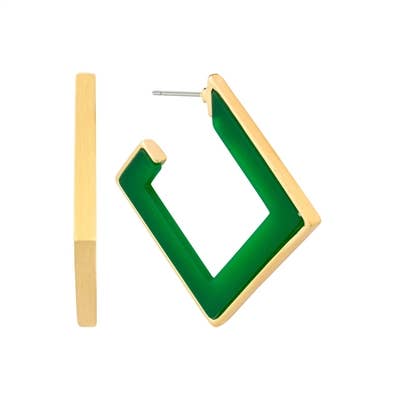 Green Wood and Gold Squared Hoop 2" Earring