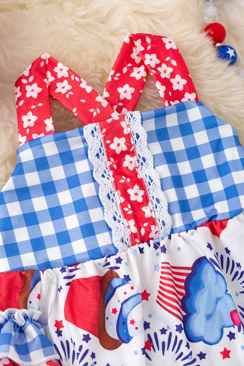 Cup cake printed patriotic baby onesie w/ruffle butt. RPG50579 AMY